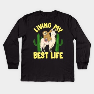 Living My Best Life Adorable Sloth Riding Llama Kids Long Sleeve T-Shirt